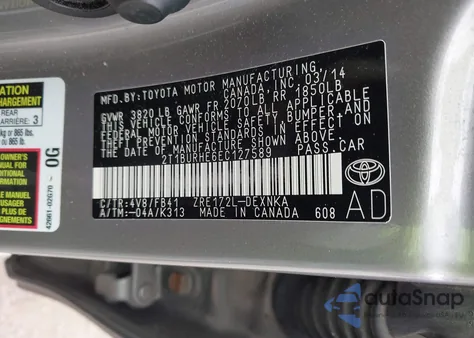 2014 Toyota Corolla Le из США, поврежденный, VIN 2T1BURHE6EC127589